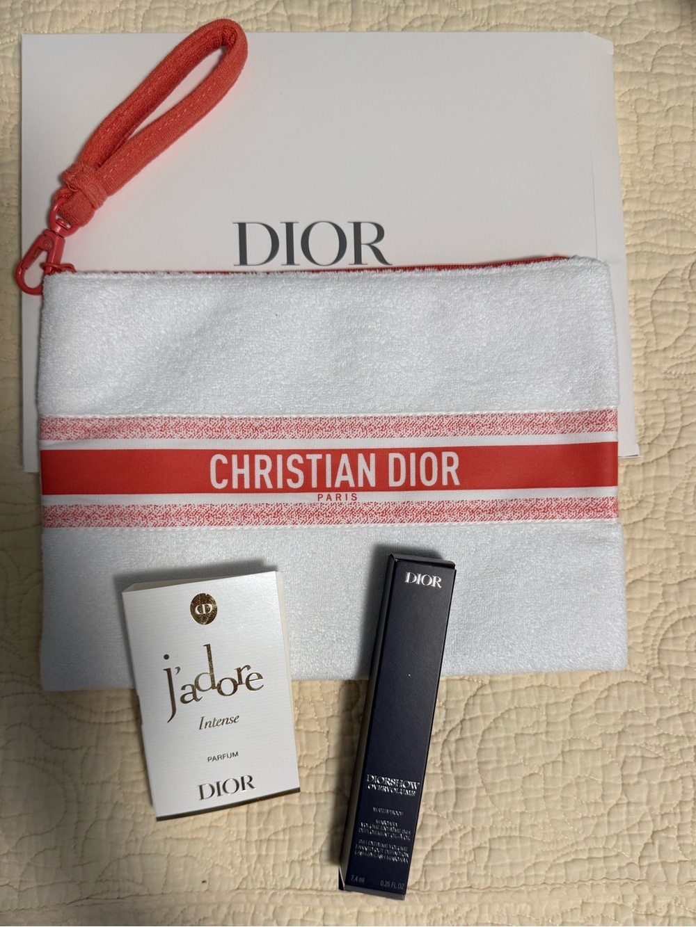 Dior Beauty White Terry Pouch with Coral Logo and Dior Over volume Mascara!